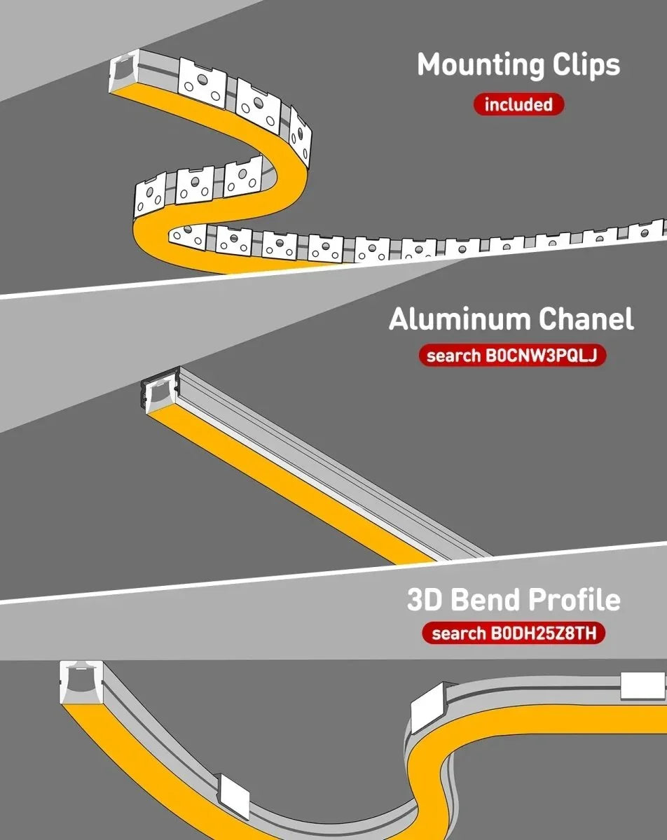 Aluminum channel with 3D bend profile and mounting clips on a gray background