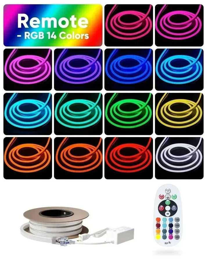 120V Dotless RGB LED Neon Rope Light – 14-Color, Cuttable, IP65 Splash-Resistant, ETL Listed