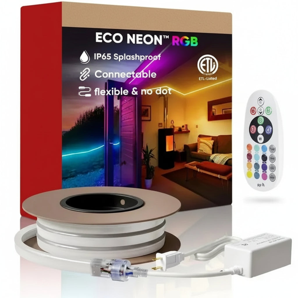 The Estate tailors Eco Neon RGB LED strip light set, including a spool of white flexible strip lights with a power adapter, a separate white remote control, and the retail packaging box. The packaging features a red spine and a front panel showing a colorful living room scene with product features like IP65 splashproof and connectable.