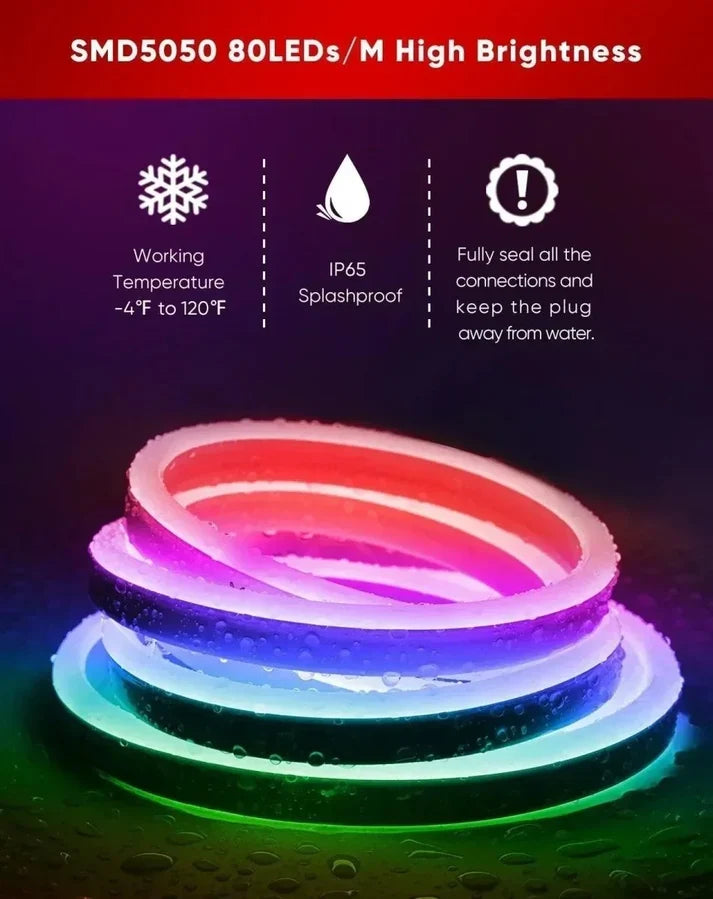 120V Dotless RGB LED Neon Rope Light – 14-Color, Cuttable, IP65 Splash-Resistant, ETL Listed