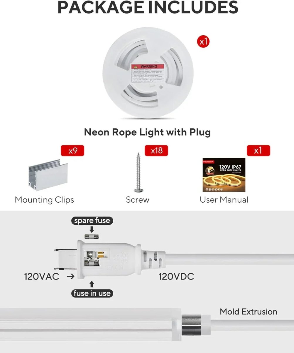 120V IP67 Outdoor LED Neon Rope Light, 2800K/6500K, Driverless, ETL Listed