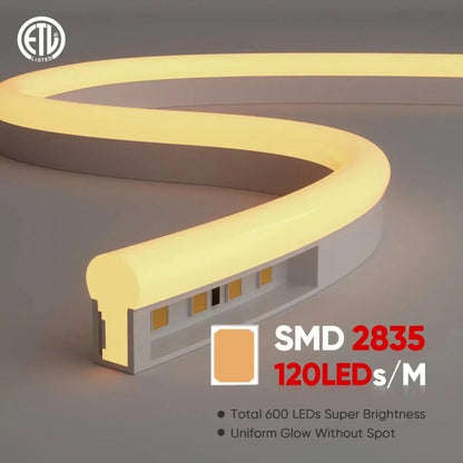 120V LED Neon Rope Light, 3000K Warm White, IP65, Cuttable & Dimmable