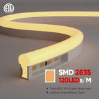 120V LED Neon Rope Light, 3000K Warm White, IP65, Cuttable & Dimmable