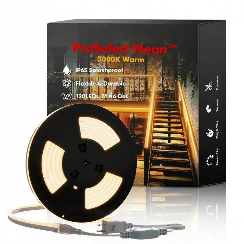 120V LED Neon Rope Light, 3000K Warm White, IP65, Cuttable & Dimmable