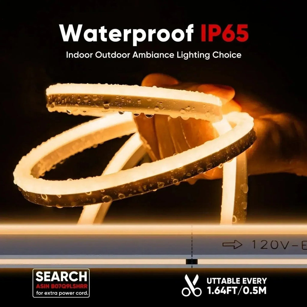 120V LED Neon Rope Light, 3000K Warm White, IP65, Cuttable & Dimmable