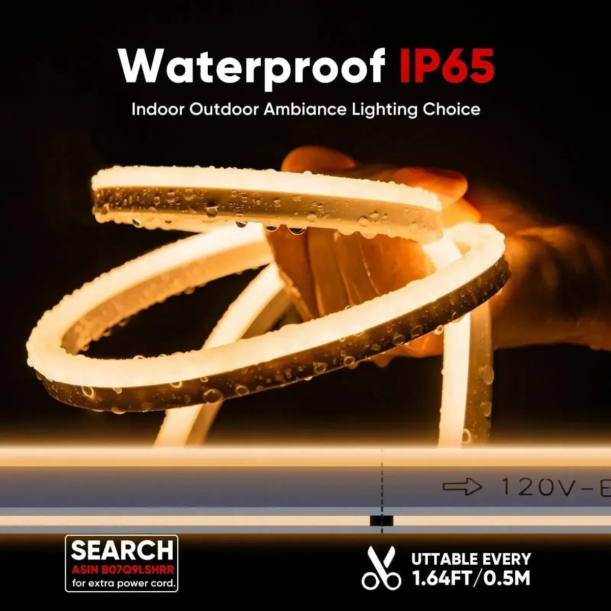 120V LED Neon Rope Light, 3000K Warm White, IP65, Cuttable & Dimmable