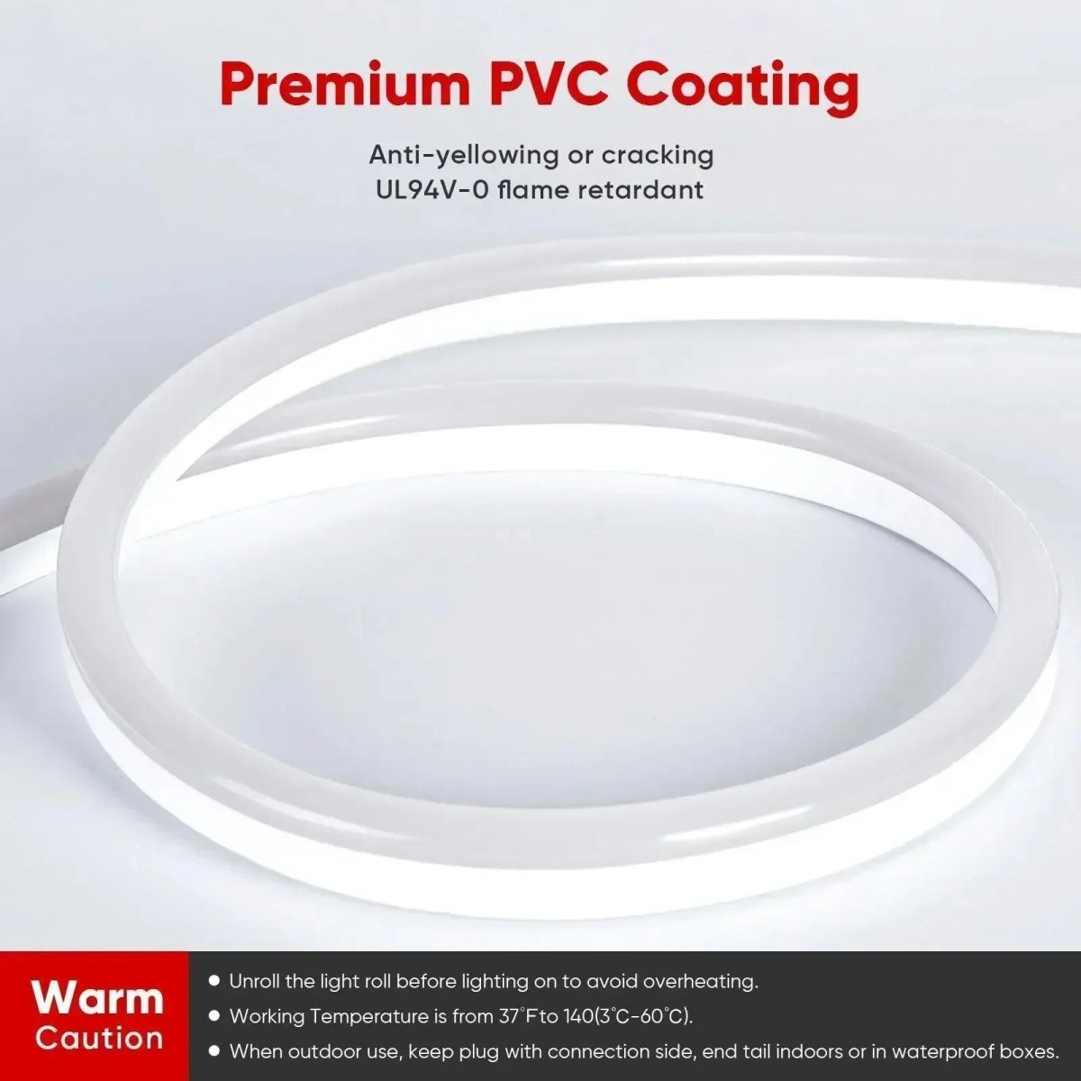 120V LED Neon Rope Light, 3000K Warm White, IP65, Cuttable & Dimmable