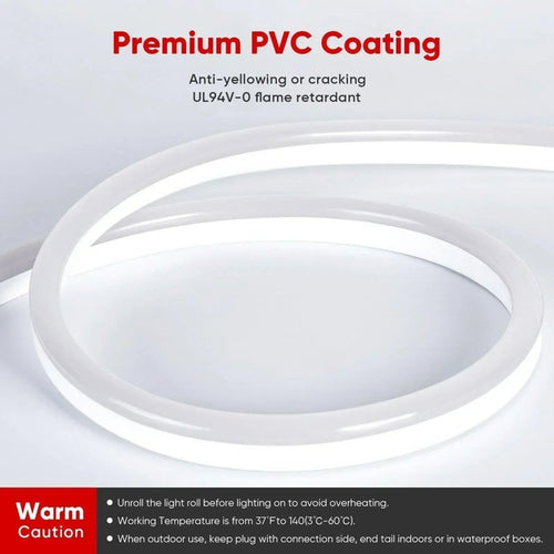 120V LED Neon Rope Light, 6500K Cool White, IP65, Cuttable & Dimmable