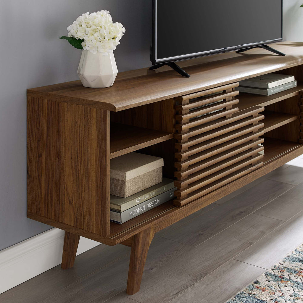 Render 71" Media Console TV Stand | Oak &amp; Walnut Finish Options | Mid-Century Modern Entertainment Center | Smooth Wood Grain Laminate | Durable Particleboard and MDF Construction | Slatted Sliding Doors image 1