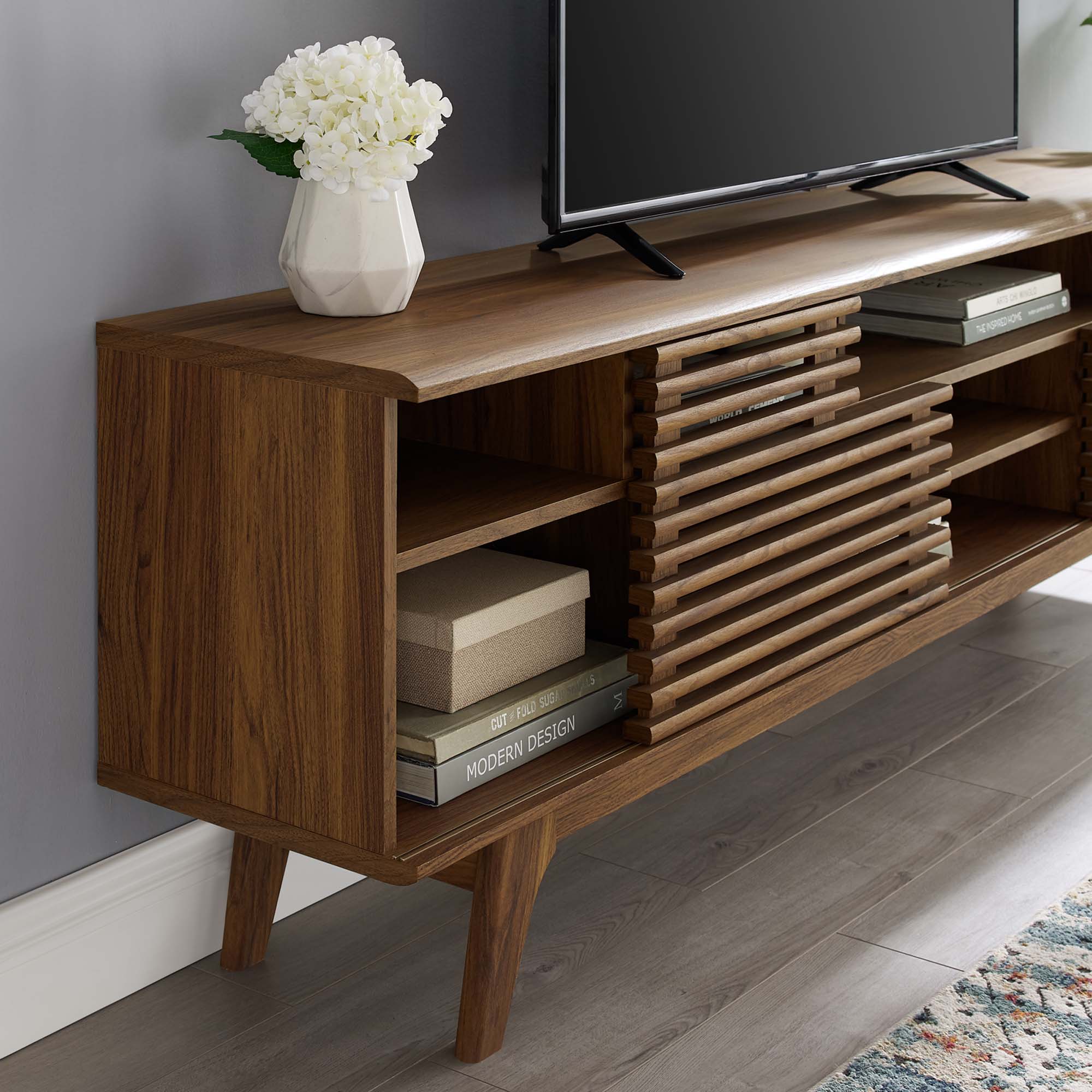 Render 71" Media Console TV Stand | Oak &amp; Walnut Finish Options | Mid-Century Modern Entertainment Center | Smooth Wood Grain Laminate | Durable Particleboard and MDF Construction | Slatted Sliding Doors image 1