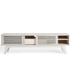 Render 59” TV Stand | White &amp; Walnut Finish Options | Mid-Century Style | Smooth Wood Grain Laminate | Dual Slatted Sliding Doors | Center Cable Management Hole image 5