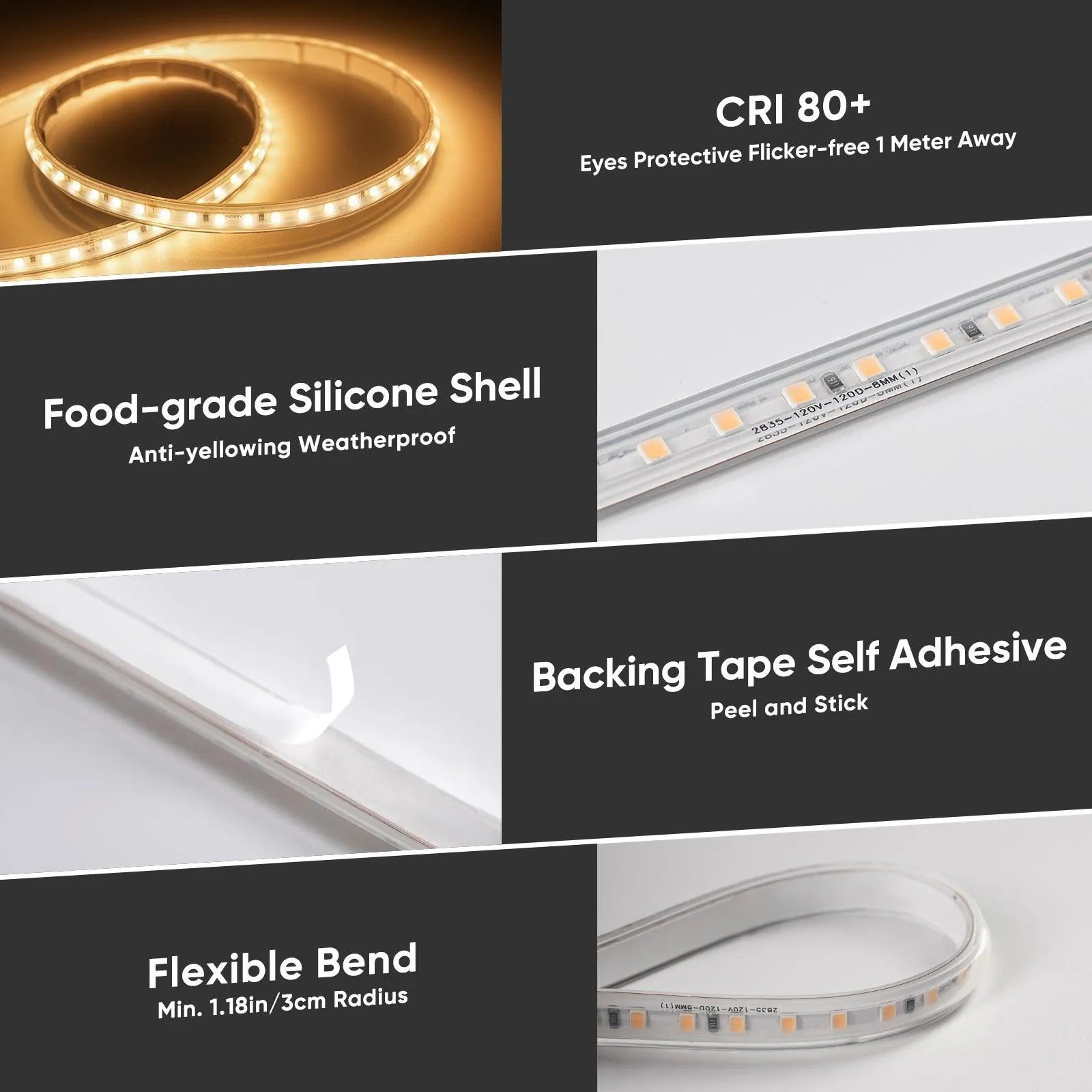 LED Strip Light Super Bright 800LM/M, Plug&amp;Play 110V Driverless Easy Wiring | Flicker Free Weatherproof for Outdoor Indoor | Min. 3.9” Cuttable, Stickable | 2800K Warm White | ETL Listed image 3