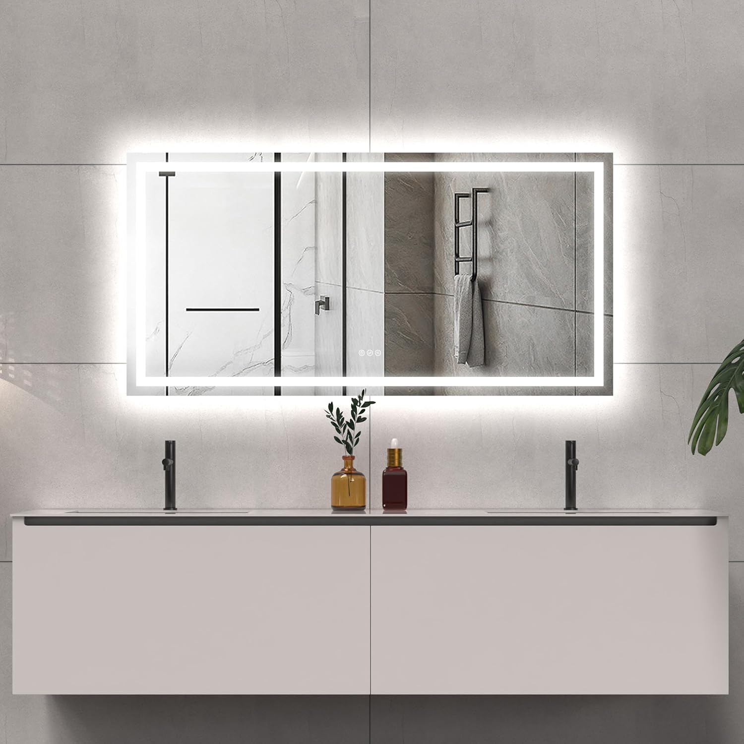 LED Bathroom Mirror 60x30 Inch Front &amp; Backlit Lights Vanity Mirror, Wall Mounted Anti-Fog Dimmable LED Makeup Mirror, IP54 3K-6K Warm/Natural/Daylight, Tempered Glass (Horizontal/Vertical) UL image 0