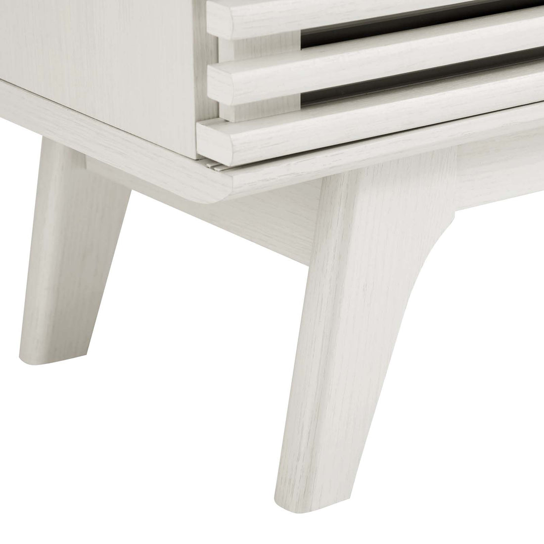 Render 59” TV Stand | White &amp; Walnut Finish Options | Mid-Century Style | Smooth Wood Grain Laminate | Dual Slatted Sliding Doors | Center Cable Management Hole image 1