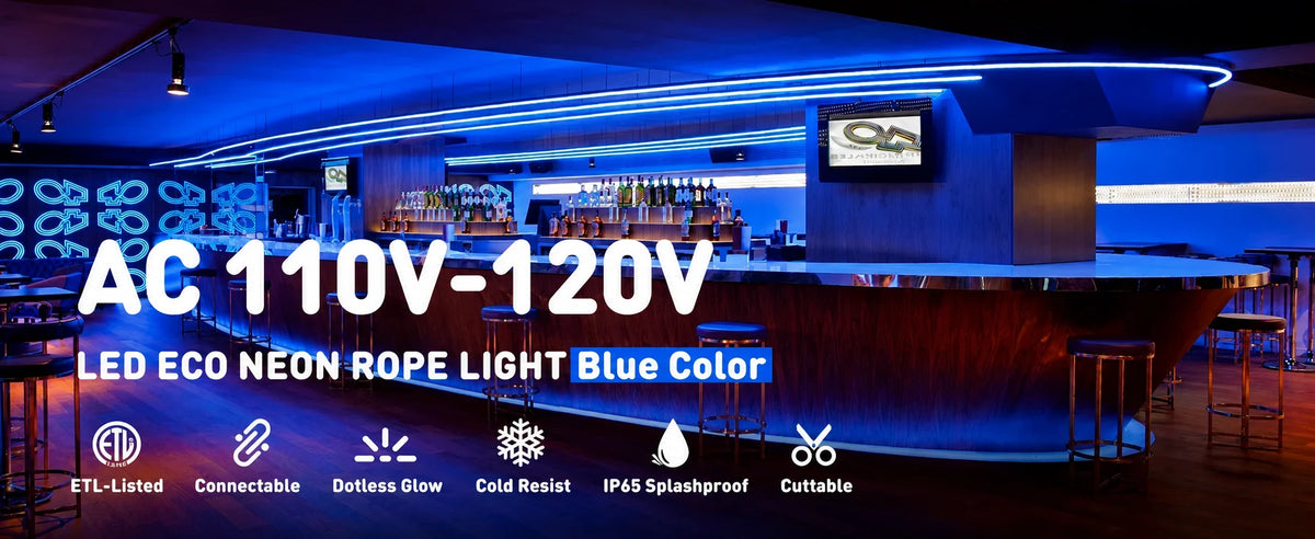 Blue LED Neon Rope Light – Dotless, Dimmable, IP65, ETL Listed