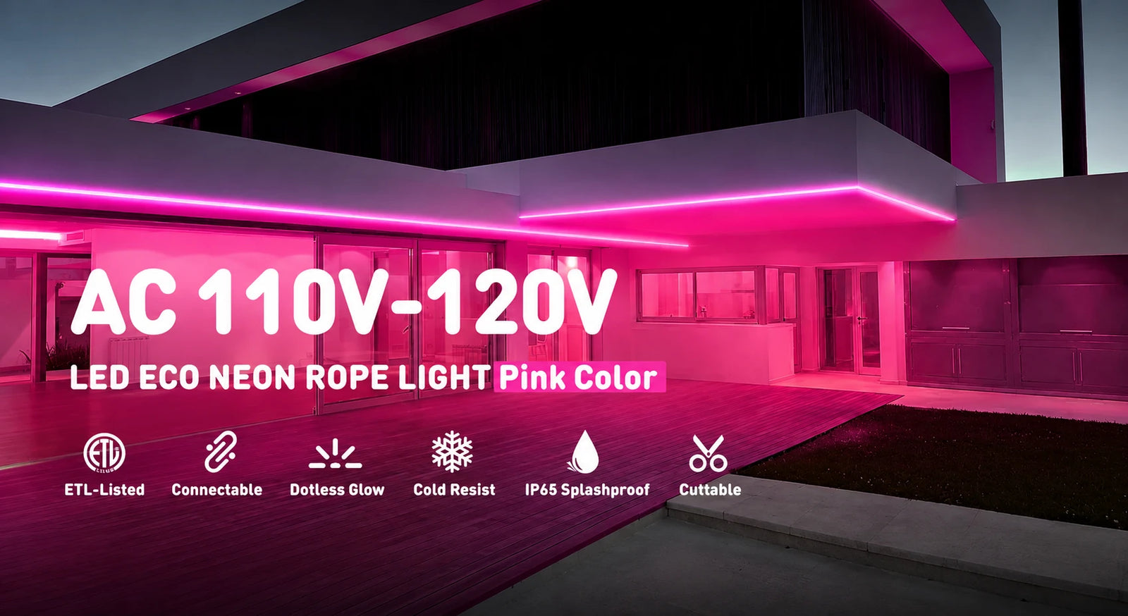 Pink LED Neon Rope Light – Dotless, Dimmable, IP65, ETL Listed