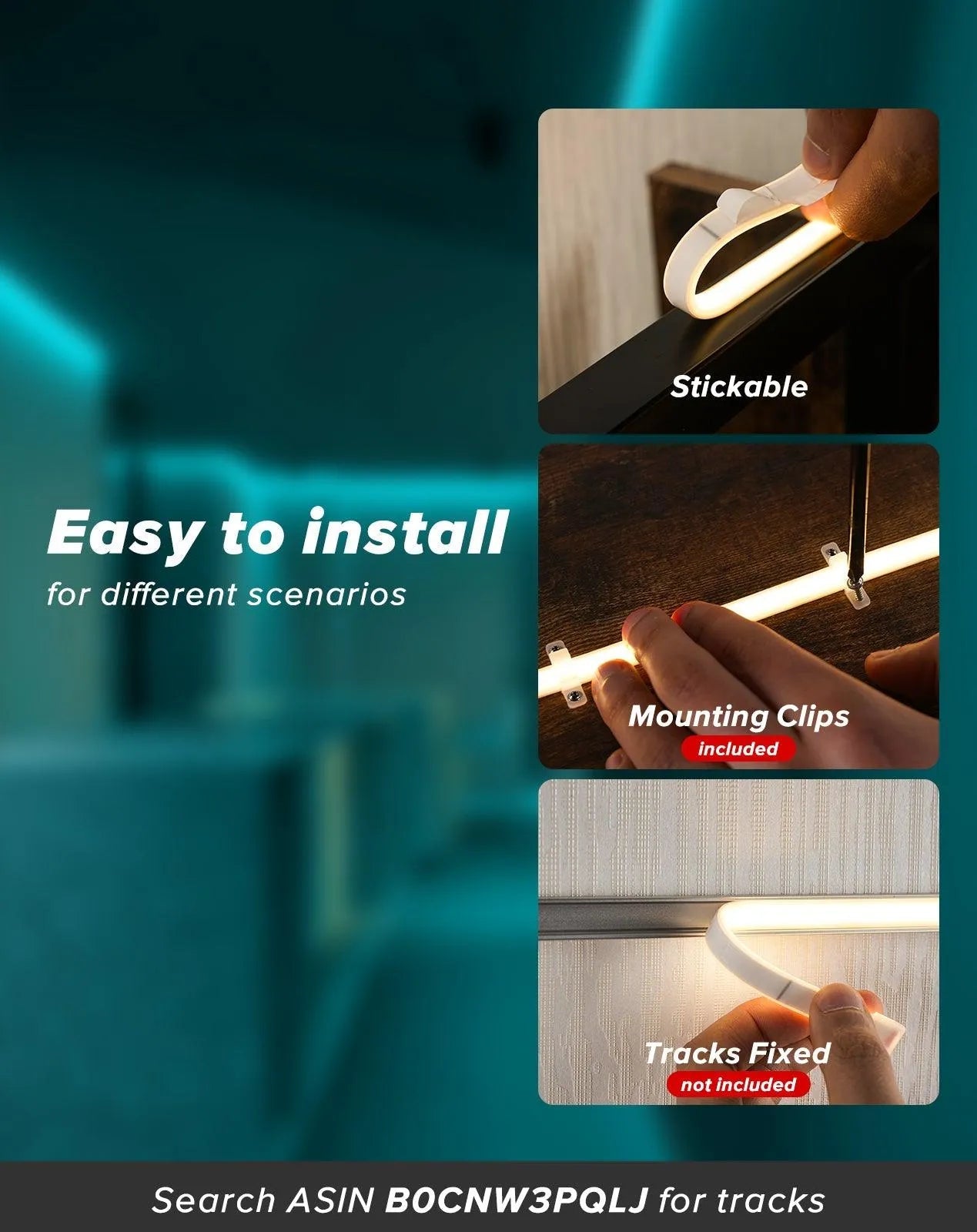 COB LED Rope Light AC 120V | 800lm Ultra Bright | IP65 Waterproof Cold-Resistant ETL Neon Strip | No Driver Tape Lighting for Home Commercial | Ice Blue image 3