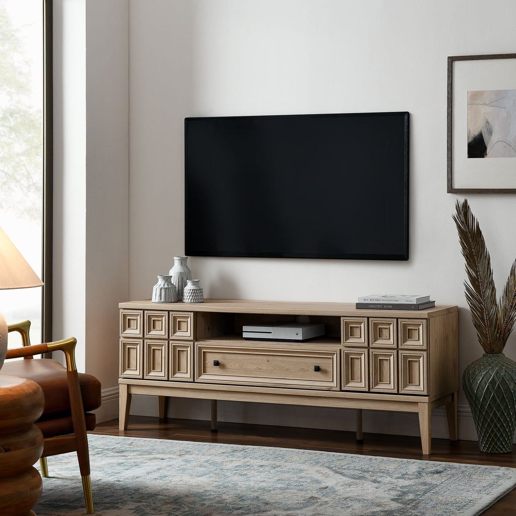 Samos 59" TV Stand | Light Oak &amp; Black Finish Options | Soft Close Hinges | 2 Push-to-Open Doors | Full-Glide Drawer | Cable Management Hole | Central Leveling Legs image 0