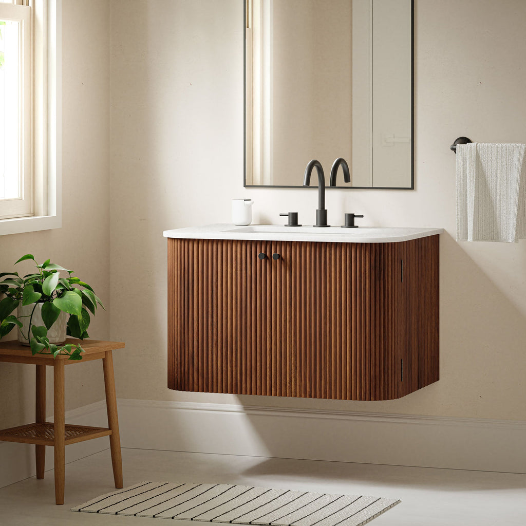 Wall Mount Bathroom Vanity With Marble Sink | Zia Series | 24" & 30" Sizes Available | Natural, Ivory & Walnut Color Options | Modern Design | Soft-Close Hinges | 8" Widespread Faucet Holes | Fluted Pattern image 0