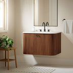 Wall Mount Bathroom Vanity With Marble Sink | Zia Series | 24" & 30" Sizes Available | Natural, Ivory & Walnut Color Options | Modern Design | Soft-Close Hinges | 8" Widespread Faucet Holes | Fluted Pattern image 0