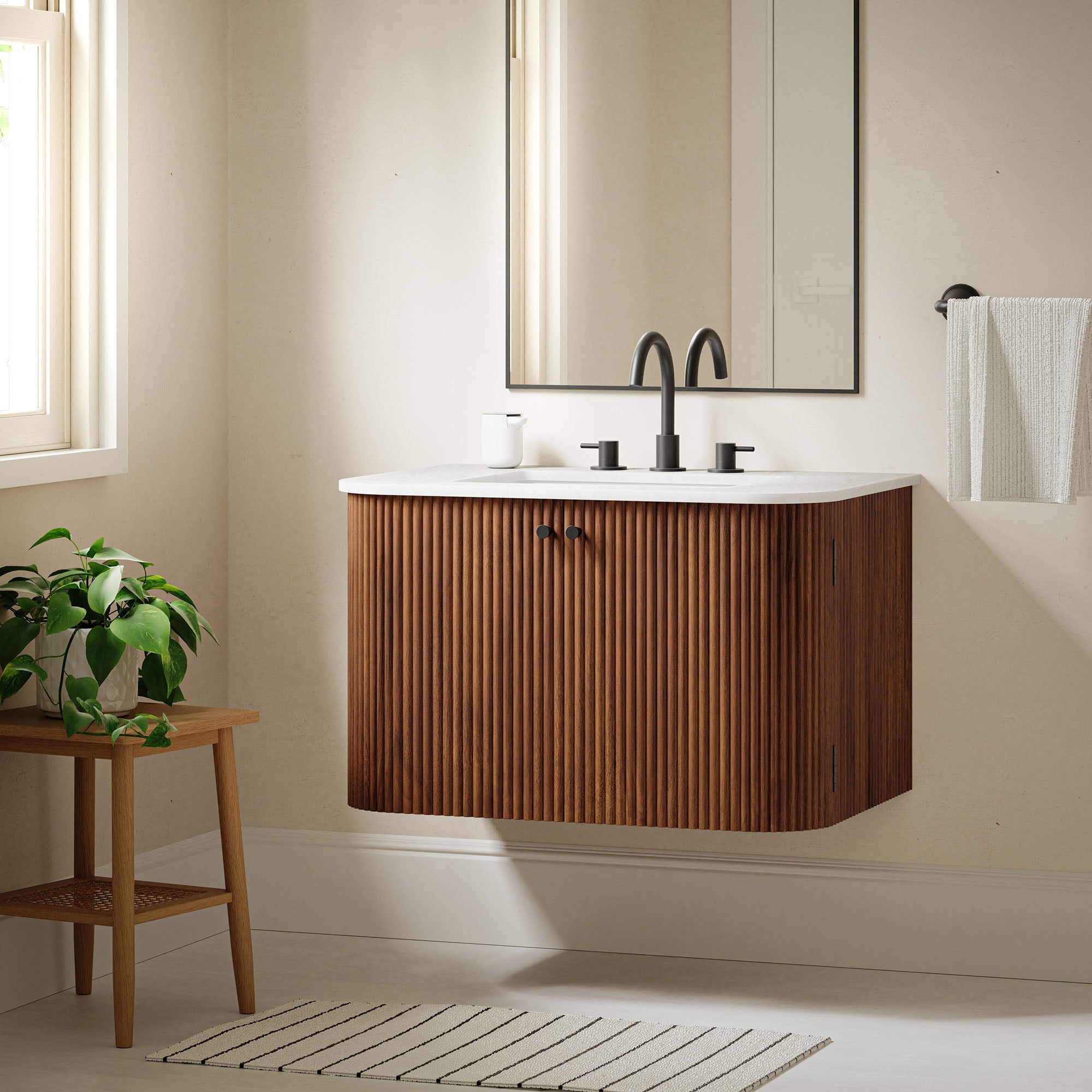 Wall Mount Bathroom Vanity With Marble Sink | Zia Series | 24" & 30" Sizes Available | Natural, Ivory & Walnut Color Options | Modern Design | Soft-Close Hinges | 8" Widespread Faucet Holes | Fluted Pattern image 0