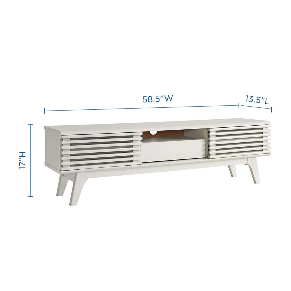 Render 59” TV Stand | White &amp; Walnut Finish Options | Mid-Century Style | Smooth Wood Grain Laminate | Dual Slatted Sliding Doors | Center Cable Management Hole image 3