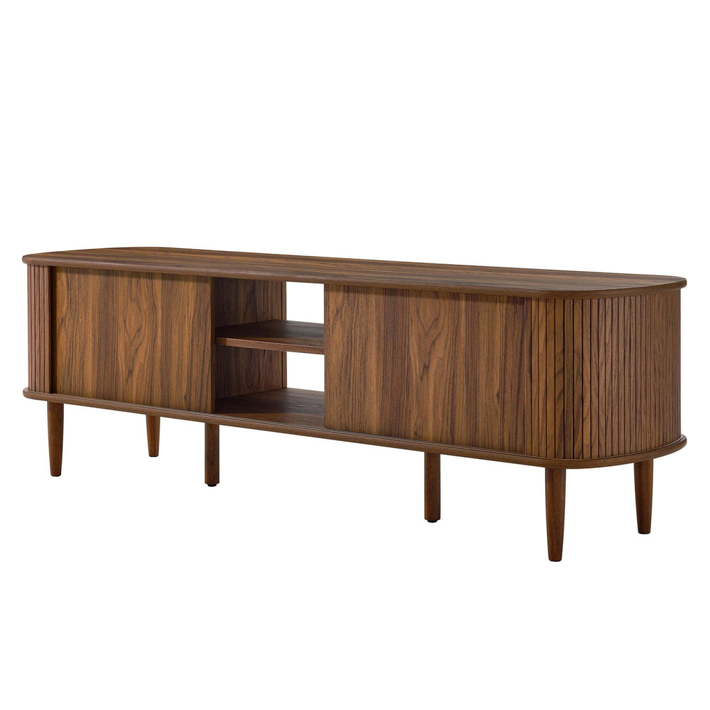 Contour 63" Wood TV Stand | Oak &amp; Walnut Finish Options | Mid-Century Modern TV Stand | Rubberwood, Particleboard, MDF | Adjustable Shelves | Sliding Doors image 9