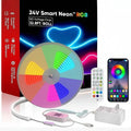 24V Smart Neon RGB LED strip light shown with its retail box, a large circular sample of multicolor illuminated segments, a white remote control, a smartphone displaying the app interface, and a white power adapter on a clean white background.