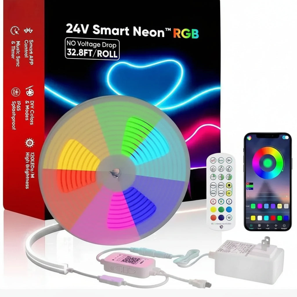 24V Smart Neon RGB LED strip light shown with its retail box, a large circular sample of multicolor illuminated segments, a white remote control, a smartphone displaying the app interface, and a white power adapter on a clean white background.