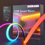 COB Smart Neon RGB+IC smart LED neon light box by Shine Decor, shown with its smartphone app control screen, colorful glowing neon light rings, and a warm orange glowing tube, set against a dark background with a living room scene on the box packaging.