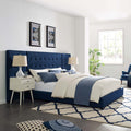 Sierra Upholstered Fabric Platform Bed | Queen Size | Color - Azure | Stain Resistant Fabric | Modern Design With Black-Stained Wooden Legs image 0