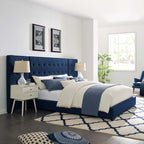 Sierra Upholstered Fabric Platform Bed | Queen Size | Color - Azure | Stain Resistant Fabric | Modern Design With Black-Stained Wooden Legs image 0