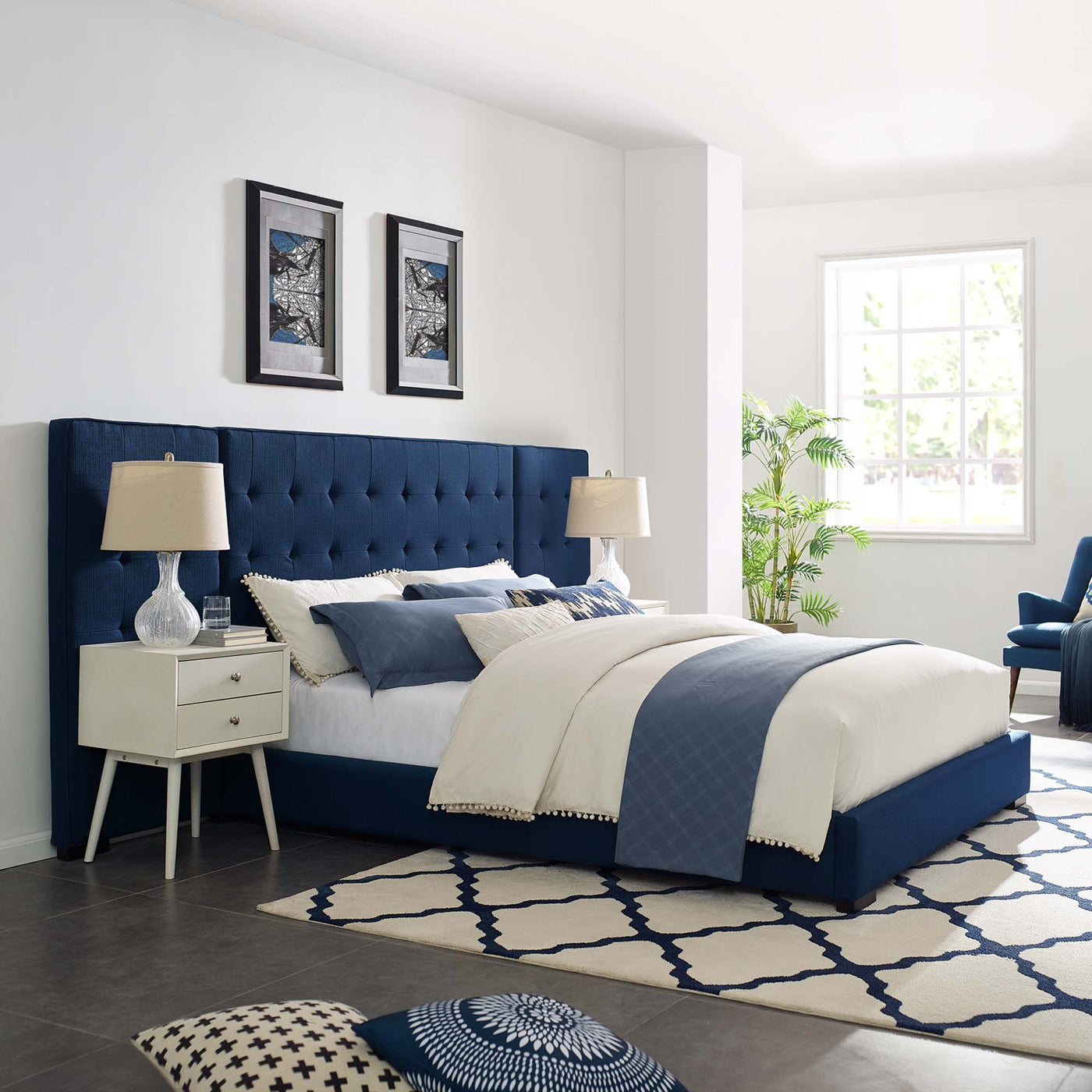 Sierra Upholstered Fabric Platform Bed | Queen Size | Color - Azure | Stain Resistant Fabric | Modern Design With Black-Stained Wooden Legs image 0