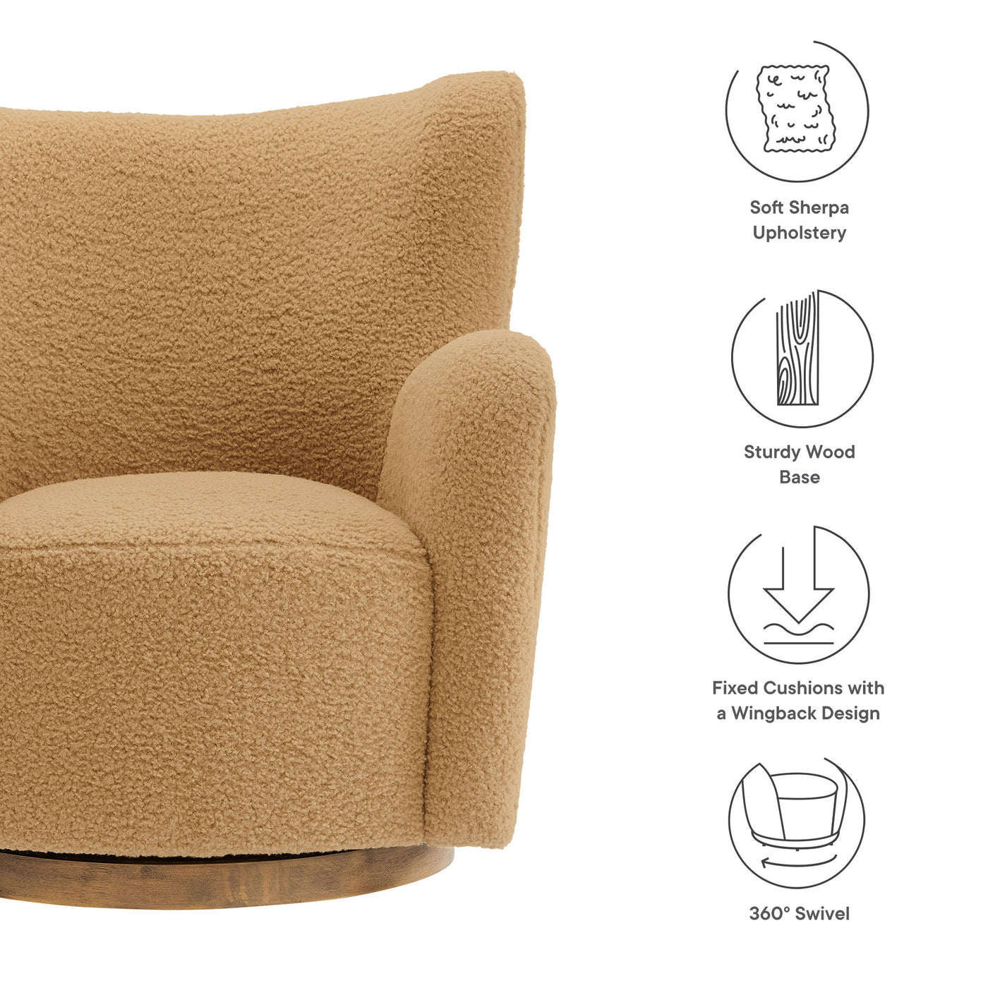 Montrose Wingback Sherpa Swivel Accent Chair in Camel Walnut image 2
