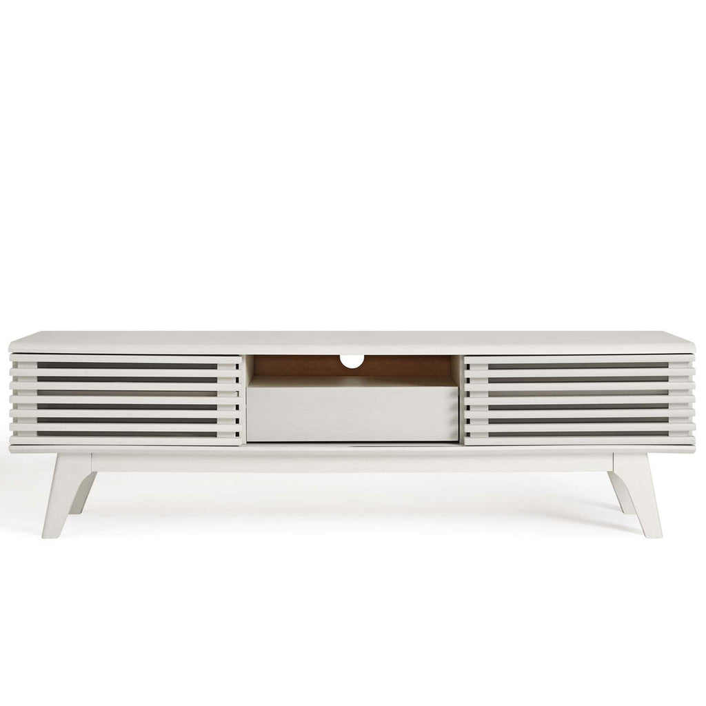 Render 59” TV Stand | White &amp; Walnut Finish Options | Mid-Century Style | Smooth Wood Grain Laminate | Dual Slatted Sliding Doors | Center Cable Management Hole image 6