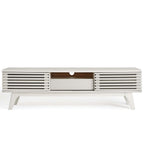 Render 59” TV Stand | White &amp; Walnut Finish Options | Mid-Century Style | Smooth Wood Grain Laminate | Dual Slatted Sliding Doors | Center Cable Management Hole image 6