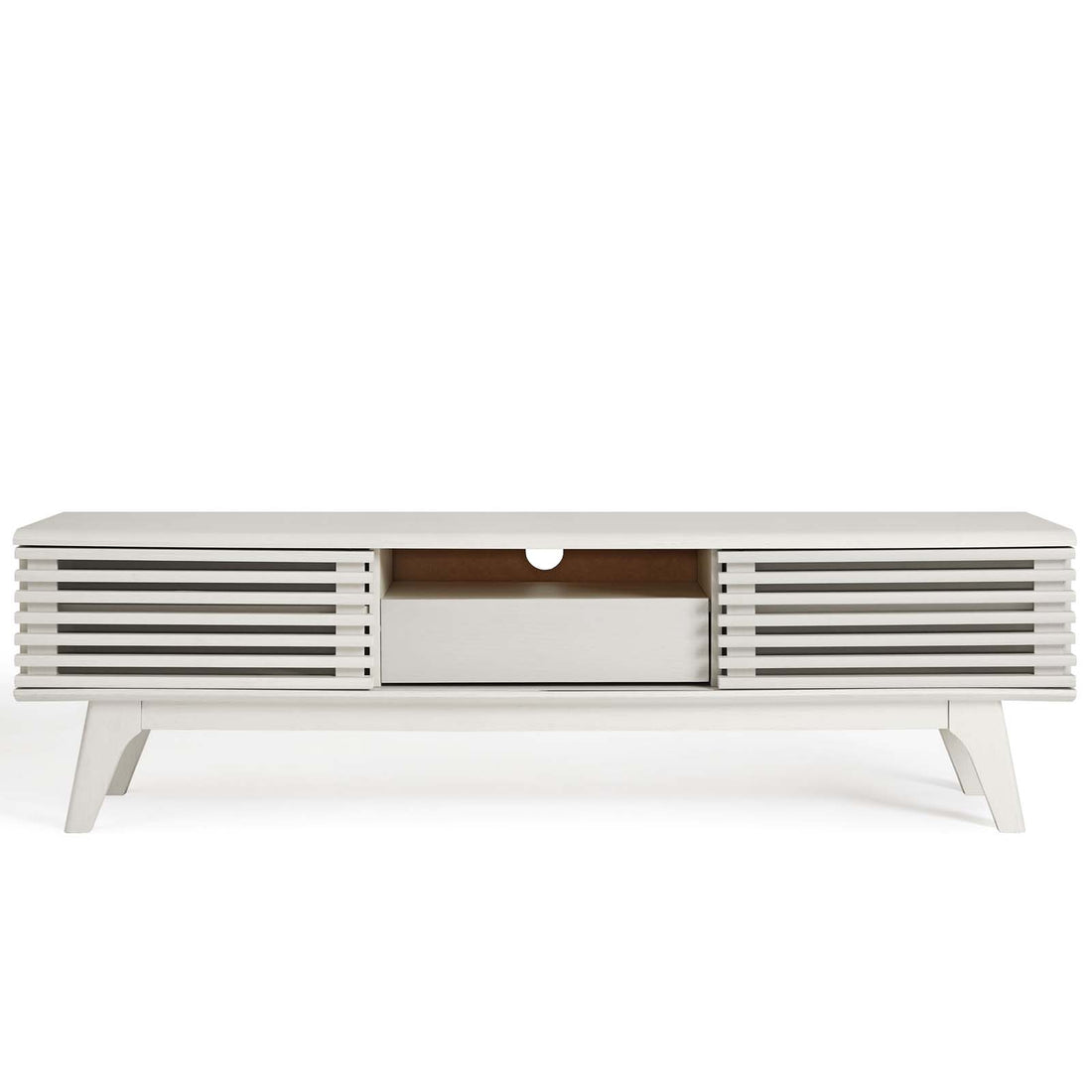 Render 59” TV Stand | White &amp; Walnut Finish Options | Mid-Century Style | Smooth Wood Grain Laminate | Dual Slatted Sliding Doors | Center Cable Management Hole image 6