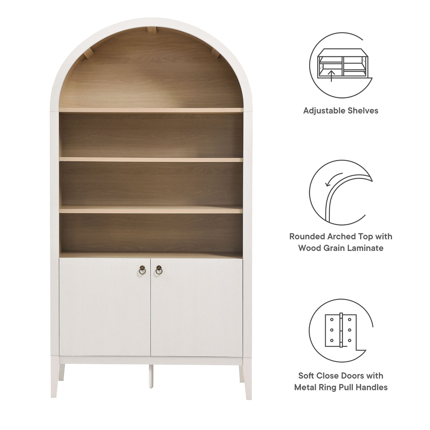 Nolan 74" Tall Arched Storage Display Cabinet Bookshelf | Black, Ivory, Light Oak &amp; Dark Walnut Color Options | Wood Grain Laminate | 4 Adjustable Shelves image 8