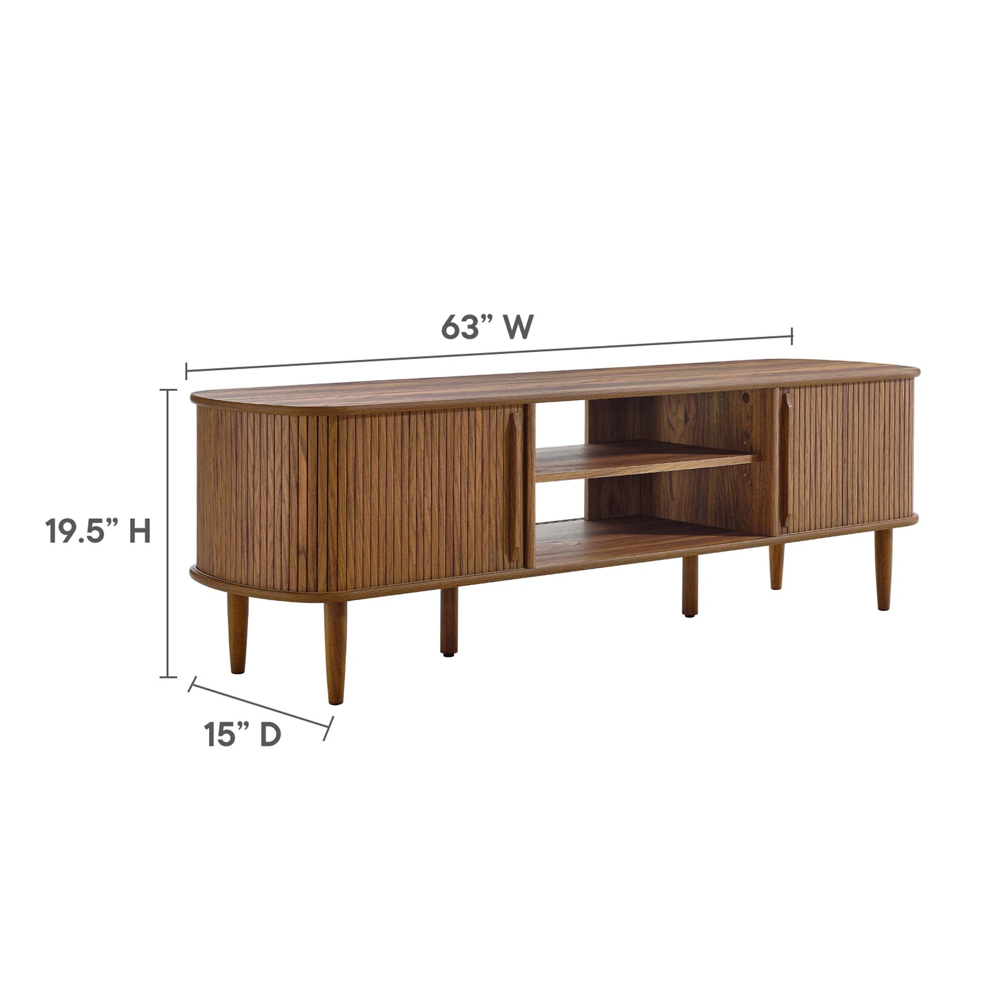 Contour 63" Wood TV Stand | Oak &amp; Walnut Finish Options | Mid-Century Modern TV Stand | Rubberwood, Particleboard, MDF | Adjustable Shelves | Sliding Doors image 3