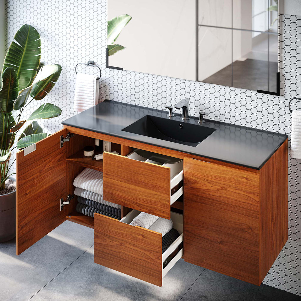 Wall Mount Bathroom Vanity With Sink | Cherry White & Cherry Black Color Options | 18", 24", 36" & 48" Size Options | Scenic Series | Full Extension Drawer | Ceramic Sink Basin | Drywall Friendly Mounting Cleat image 2