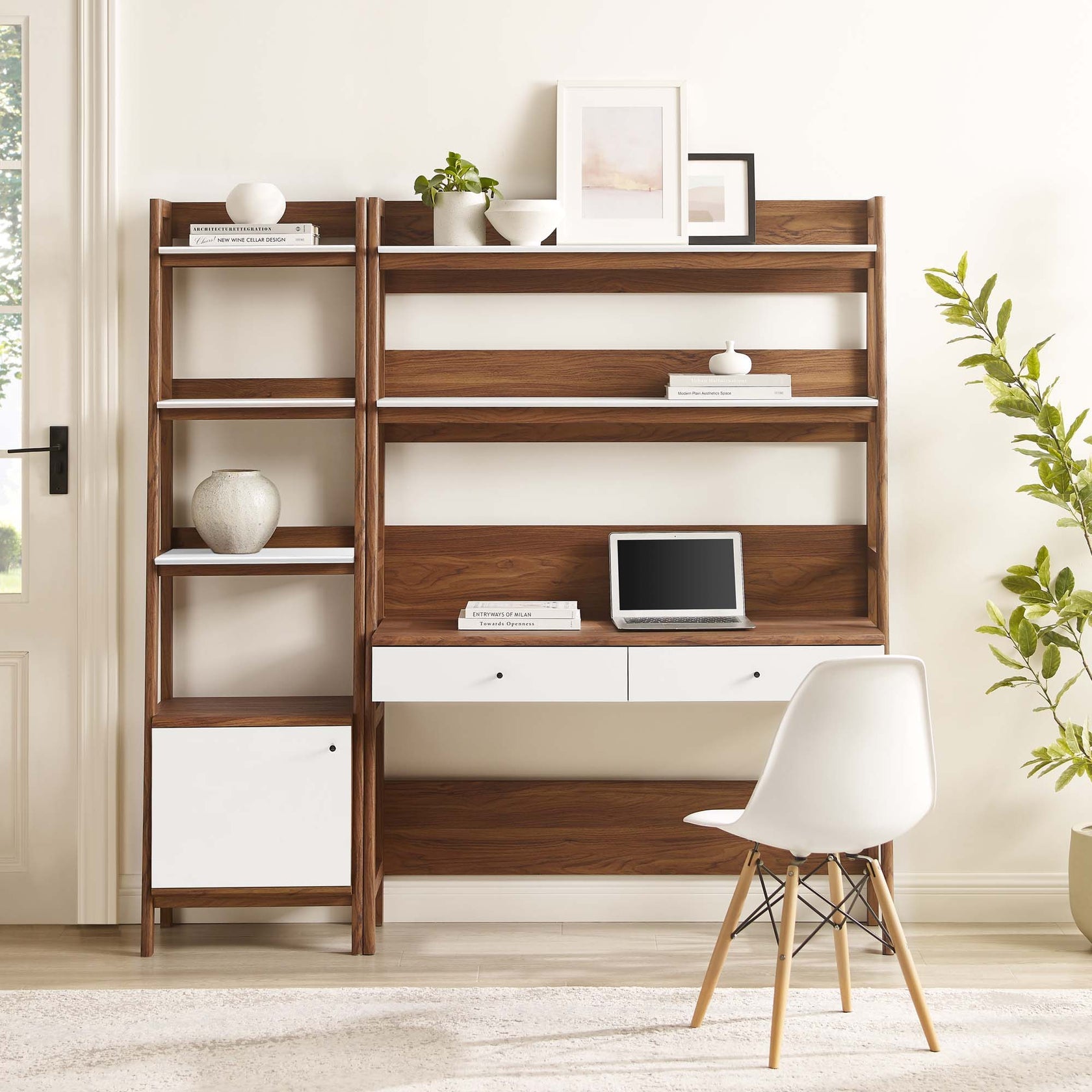 Bixby 2-Piece Wood Office Desk and Bookshelf | Walnut, Walnut White &amp; Oak Color Options | Particleboard &amp; MDF | Full-Extension Drawers | Tiered Desk and Bookshelf image 1