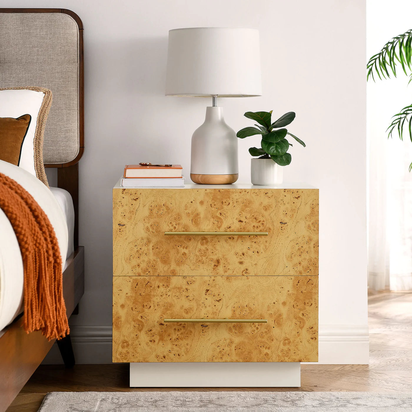 Modern Abel Nightstand with 2 Drawers – White Bleached Burl Wood Finish image 7