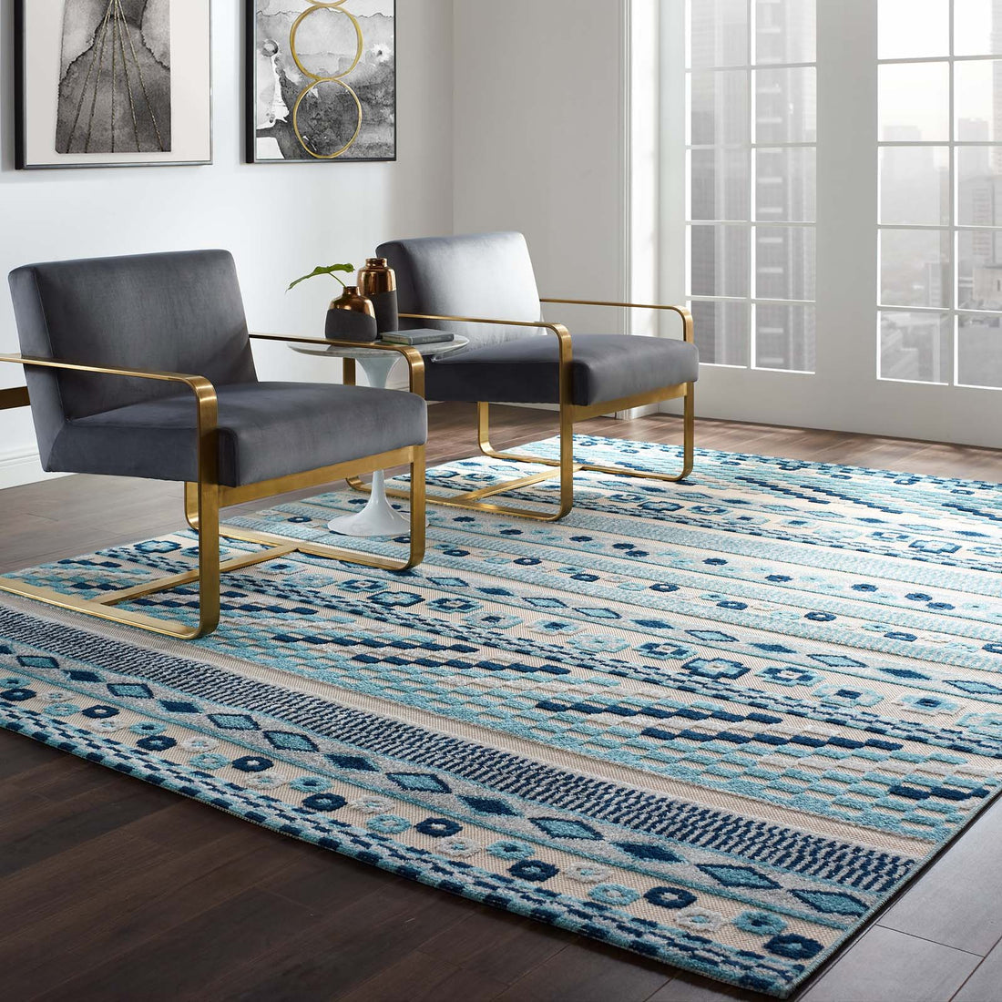 Reflect Cadhla Vintage Abstract Geometric Lattice Indoor and Outdoor Area Rug | 5X8 &amp; 8X10 Size Options  | Ivory and Blue &amp; Multicolored | Tight Low Pile Weave | Gripping Rubber Underside | 100% Polypropylene Sisal image 0