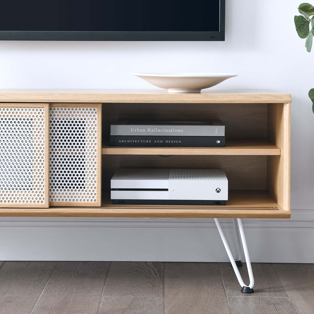 Nomad 47" TV Stand | Oak &amp; Walnut Finish Options | Industrial Modern TV Stand | Sliding Mesh Doors | Honeycomb Core | Wood Grain Laminate | Hairpin Legs image 1