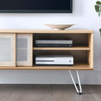 Nomad 47" TV Stand | Oak &amp; Walnut Finish Options | Industrial Modern TV Stand | Sliding Mesh Doors | Honeycomb Core | Wood Grain Laminate | Hairpin Legs image 1