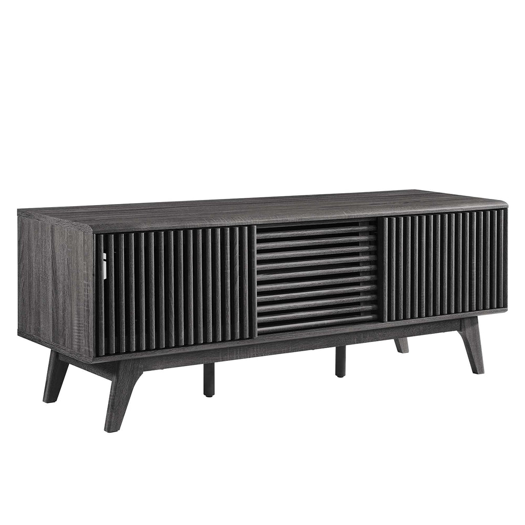 Iterate 59" TV Stand | Charcoal &amp; Walnut Finish Options | Contemporary TV Stand | Particleboard Construction | Wood Grain Laminate | Cable Management Holes | Slatted Sliding Doors image 9