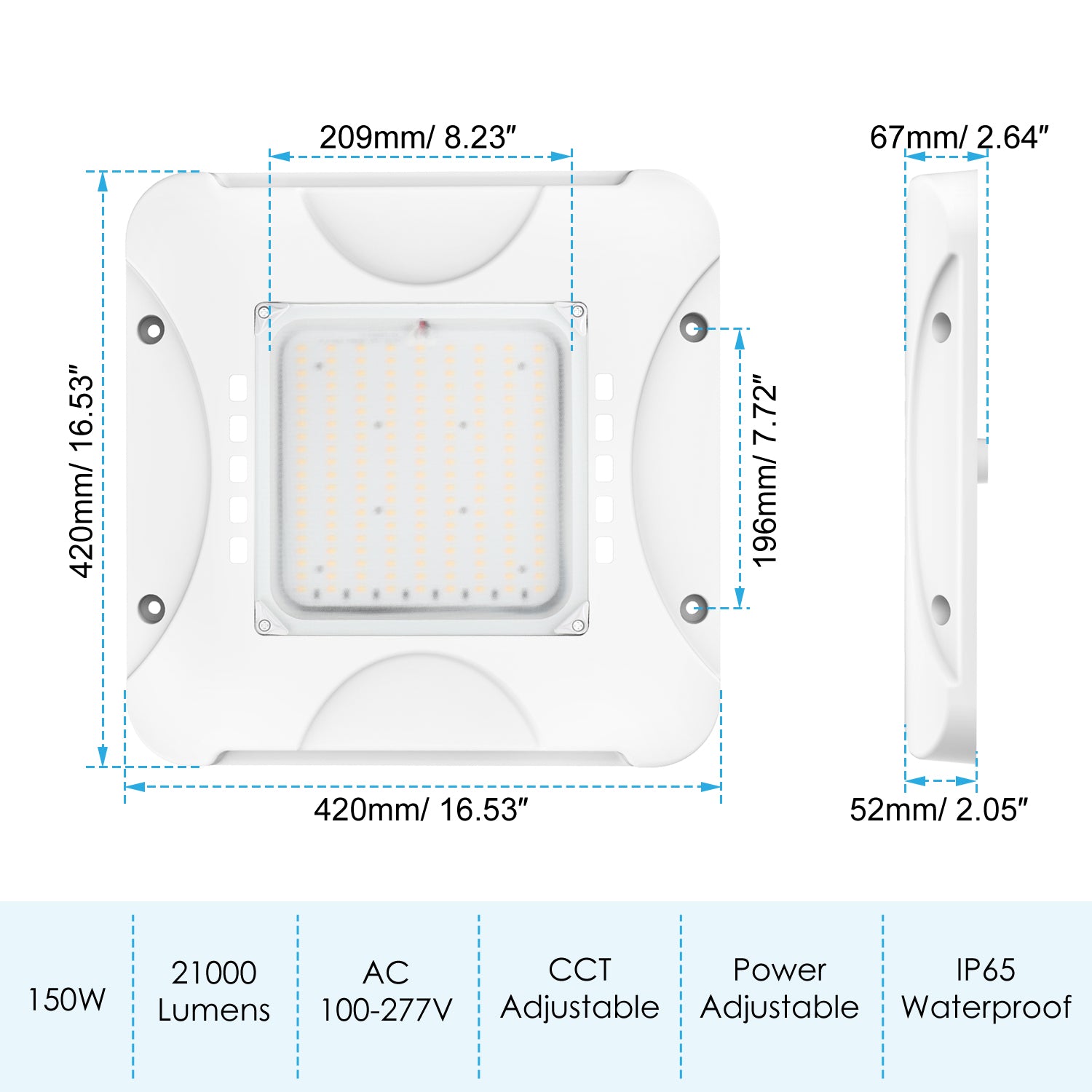 90W/120W/150W Wattage Adjustable LED Canopy Light | 21000 Lumens | 4500K/5000K/5700K CCT Tuneable | ETL, cETL, DLC, CE Listed | Damp/Wet Locations | For Gas Stations, High Bay Carport, Indoor Parking, Underpasses, Loading Docks, Outdoor Area Light image 2