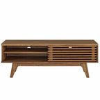 Render 48” TV Stand | Oak &amp; Walnut Finish Options | Mid-Century Style | Smooth Wood Grain Laminate | Slatted Sliding Door | Two Cable Management Holes image 3