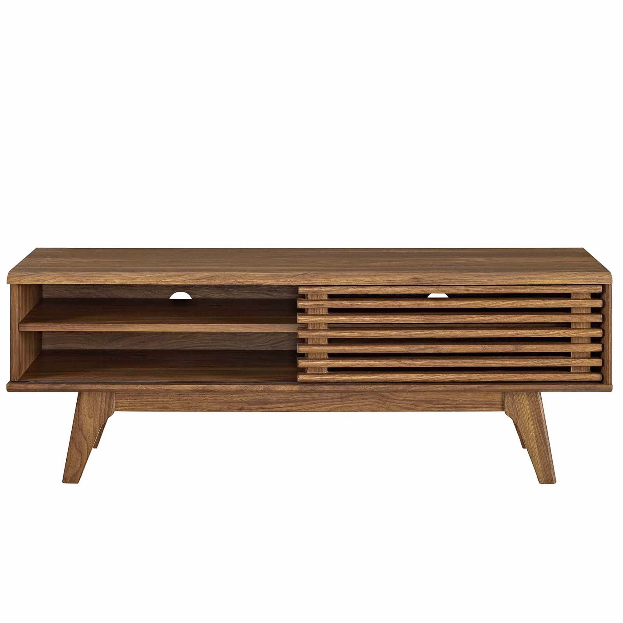 Render 48” TV Stand | Oak &amp; Walnut Finish Options | Mid-Century Style | Smooth Wood Grain Laminate | Slatted Sliding Door | Two Cable Management Holes image 3