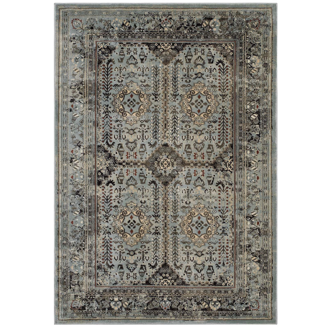 Enye Distressed Vintage Floral Lattice Area Rug | Brown and Silver Blue  | 5X8 &amp; 8X10 Size Options | Tight Low Pile Weave | Gripping Rubber Underside | Two-Ply Polypropylene Yarn image 1